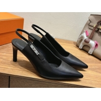 Durable Hermes Lover Slingback Pumps 8cm in Calfskin Leather with Kelly Buckle Black H252121 1024003