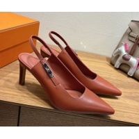 Buy Luxury Hermes Lover Slingback Pumps 8cm in Calfskin Leather with Kelly Buckle Brown H252121 1024004