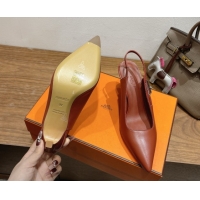 Buy Luxury Hermes Lover Slingback Pumps 8cm in Calfskin Leather with Kelly Buckle Brown H252121 1024004