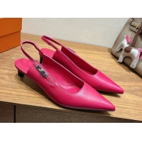 Top Grade Hermes Lover Slingback Pumps 4cm in Calfskin Leather with Kelly Buckle Dark Pink H252121 1024007