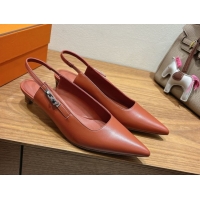 Purchase Hermes Lover Slingback Pumps 4cm in Calfskin Leather with Kelly Buckle Brown H252121 1024008