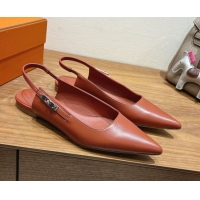 Best Product Hermes Lover Slingbacks Flat in Calfskin Leather with Kelly Buckle Brown H252121 1024011