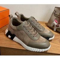Grade Quality Hermes Bouncing Sneakers in Suede and Calfskin Leather Taupe/Green 1024014
