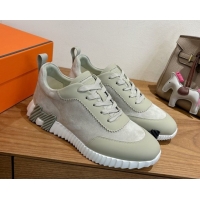 Unique Style Hermes Bouncing Sneakers in Suede and Calfskin Leather Grey/Green 1024015