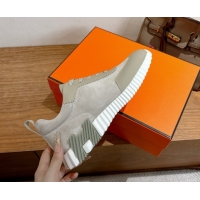 Unique Style Hermes Bouncing Sneakers in Suede and Calfskin Leather Grey/Green 1024015