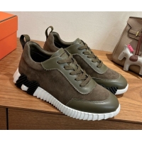 Shop Duplicate Hermes Bouncing Sneakers in Suede and Calfskin Leather Dark Green 1024016