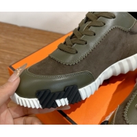 Shop Duplicate Hermes Bouncing Sneakers in Suede and Calfskin Leather Dark Green 1024016