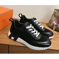 Luxurious Hermes Bouncing Sneakers in Suede and Calfskin Leather Black/White 51024017