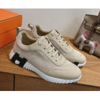 Best Grade Hermes Bouncing Sneakers in Suede and Calfskin Leather Beige 1024018