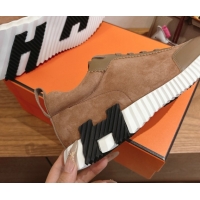 Top Design Hermes Bouncing Sneakers in Suede and Calfskin Leather Dark Brown 1024020