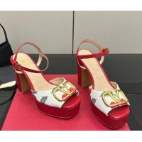 Classic Hot Valentino VLogo Signature Cherryfic Platform Sandals in Canvas and Leather White/Red 1028001