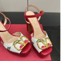 Classic Hot Valentino VLogo Signature Cherryfic Platform Sandals in Canvas and Leather White/Red 1028001