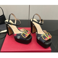 Best Grade Valentino VLogo Signature Cherryfic Platform Sandals in Denim and Leather Black 1028003