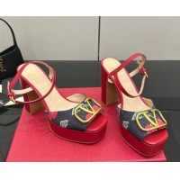 Grade Quality Valentino VLogo Signature Cherryfic Platform Sandals in Denim and Leather Black/Red 1028004