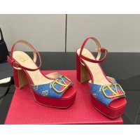 Low Price Valentino VLogo Signature Cherryfic Platform Sandals in Denim and Leather Blue/Red 1028005
