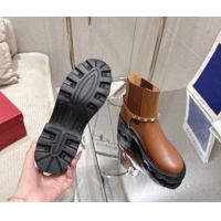 Unique Style Valentino Rockstud Strap Heel Ankle Boots 5.5cm in Calfskin Leather Brown 1028014