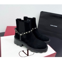 Shop Duplicate Valentino Rockstud Strap Heel Ankle Boots 5.5cm in Suede Black 1028020