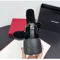 Shop Duplicate Valentino Rockstud Strap Heel Ankle Boots 5.5cm in Suede Black 1028020