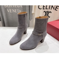 Luxury Cheap Valentino Suede Heel Ankle Boots 7.5cm with Buckle Grey 1028035