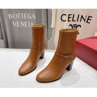 Pretty Style Valentino Calfskin Leather Heel Ankle Boots 7.5cm with Buckle Brown 1028037