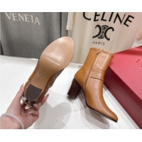 Pretty Style Valentino Calfskin Leather Heel Ankle Boots 7.5cm with Buckle Brown 1028037