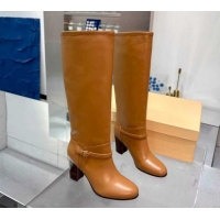 Stylish Valentino Calfskin Leather Heel High Boots 8cm with Buckle Brown 1104082