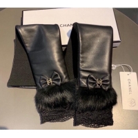 Wholesale Chanel Lambskin and Fur Sleeve with Lace and Bow 1206 Black 2023