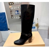 Perfect Valentino Calfskin Leather Heel High Boots 8cm with Buckle Black 1104084