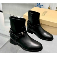 Sumptuous Valentino VLogo Signature Strap Flat Ankle Boots in Calfskin Leather Black 1104085