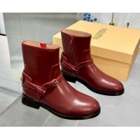 Luxury Valentino VLogo Signature Strap Flat Ankle Boots in Calfskin Leather Dark Burgundy 1104086