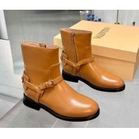 Stylish Valentino VLogo Signature Strap Flat Ankle Boots in Calfskin Leather Dark Beige 1104087