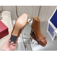 Grade Quality Valentino VALET DU ROI Heel Ankle Boots 6.5cm in Goatskin Leather with Bow Brown 1028017