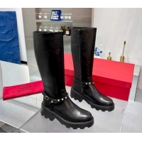 Top Grade Valentino Rockstud Strap Heel High Boots in Calfskin Leather Black 1104091