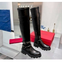 Popular Style Valentino Rockstud Strap Thigh High Boots in Calfskin Leather Black 1104092