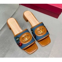 Good Product Valentino VLogo Signature Cherryfic Slides Sandal 3cm in Blue Denim and Leather Brown 1104094