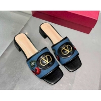 Top Design Valentino VLogo Signature Cherryfic Slides Sandal 3cm in Blue Denim and Leather Black 1104095
