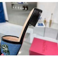 Top Design Valentino VLogo Signature Cherryfic Slides Sandal 3cm in Blue Denim and Leather Black 1104095