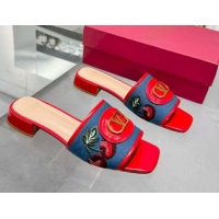 Good Looking Valentino VLogo Signature Cherryfic Slides Sandal 3cm in Blue Denim and Leather Red 1104096