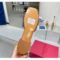 Good Looking Valentino VLogo Signature Cherryfic Slides Sandal 3cm in Blue Denim and Leather Red 1104096