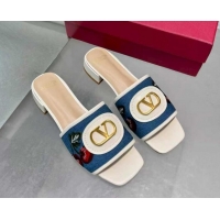 Shop Duplicate Valentino VLogo Signature Cherryfic Slides Sandal 3cm in Blue Denim and Leather White 1104097