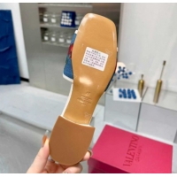 Shop Duplicate Valentino VLogo Signature Cherryfic Slides Sandal 3cm in Blue Denim and Leather White 1104097