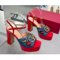 Charming Valentino VLogo Signature Cherryfic Platform Sandals 11cm in Blue Denim and Leather Red 1104099