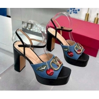 Good Quality Valentino VLogo Signature Cherryfic Platform Sandals 11cm in Blue Denim and Leather Black 1104100