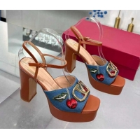 Luxurious Valentino VLogo Signature Cherryfic Platform Sandals 11cm in Blue Denim and Leather Brown 1104101