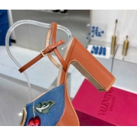 Luxurious Valentino VLogo Signature Cherryfic Platform Sandals 11cm in Blue Denim and Leather Brown 1104101
