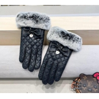 Spot Wholesale Chanel Lambskin and Rabbit Fur Gloves with Heart and Bow 3132 Black 2024