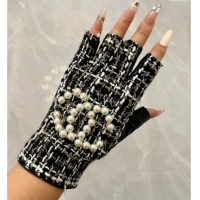 Grade Quality Chanel Tweed Short Gloves Pearls CC L 1023 Black 2024