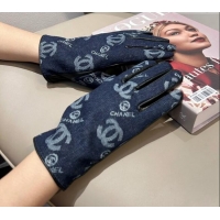 Buy Fashionable Chanel CC Denim and Leather Gloves 1023 Deep Blue 2024