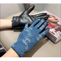 Luxury Cheap Chanel CC Denim and Leather Gloves 1023 Blue 2024