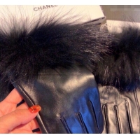 Spot Bulk Chanel Rabbit Fur and Black Lambskin Gloves with Fox Fur Charm 1129 Blue 2024